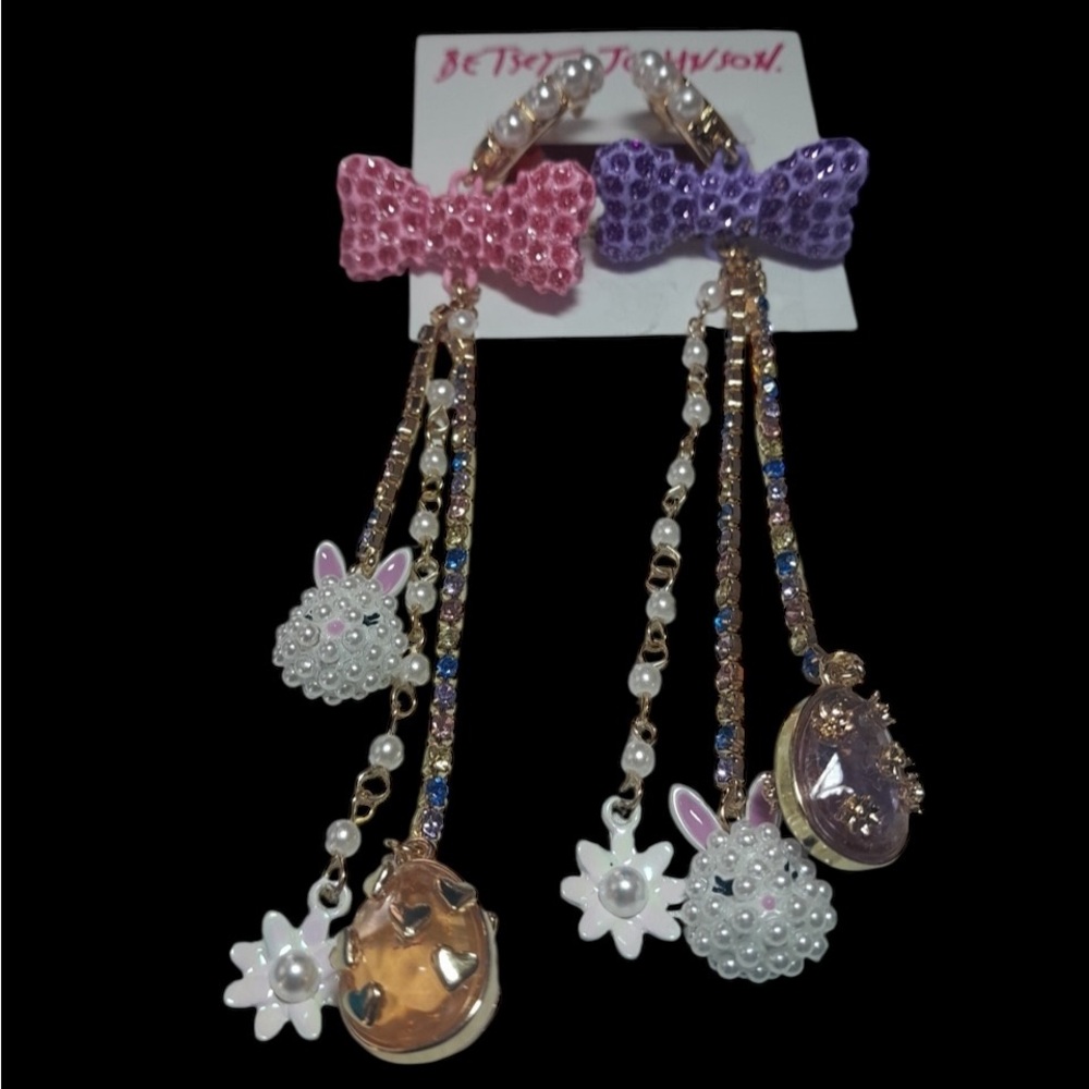 BETSEY JOHNSON Easter Holiday Spring Bunny Rabbit Eggs Dangling Earrings NEW NWT - Picture 1 of 8